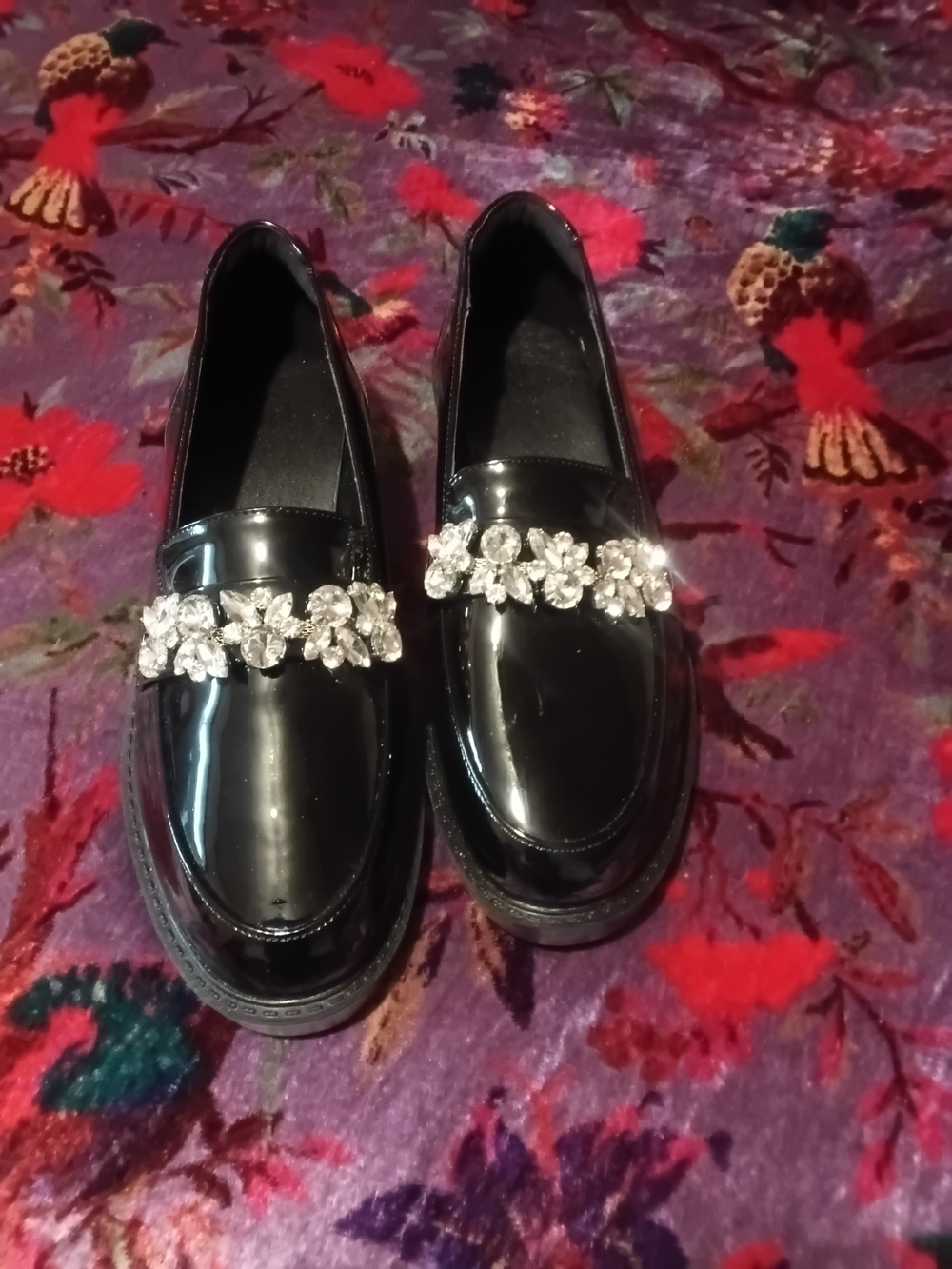 Black Patent Loafer Flats with Crystal Floral Accent